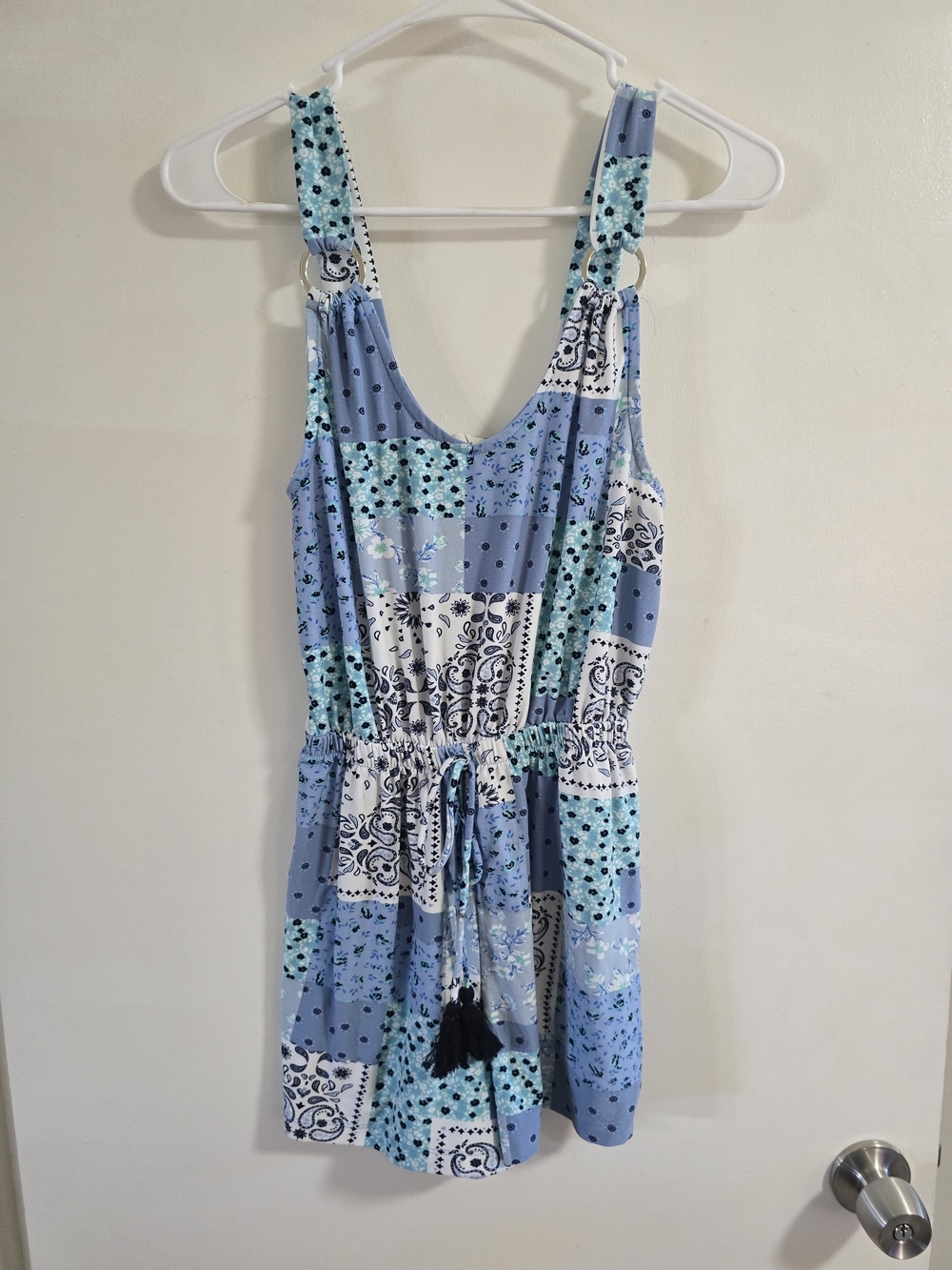 Boho Patchwork Romper Women Medium Blue Paisley Tie Waist Festival Summer Outfit